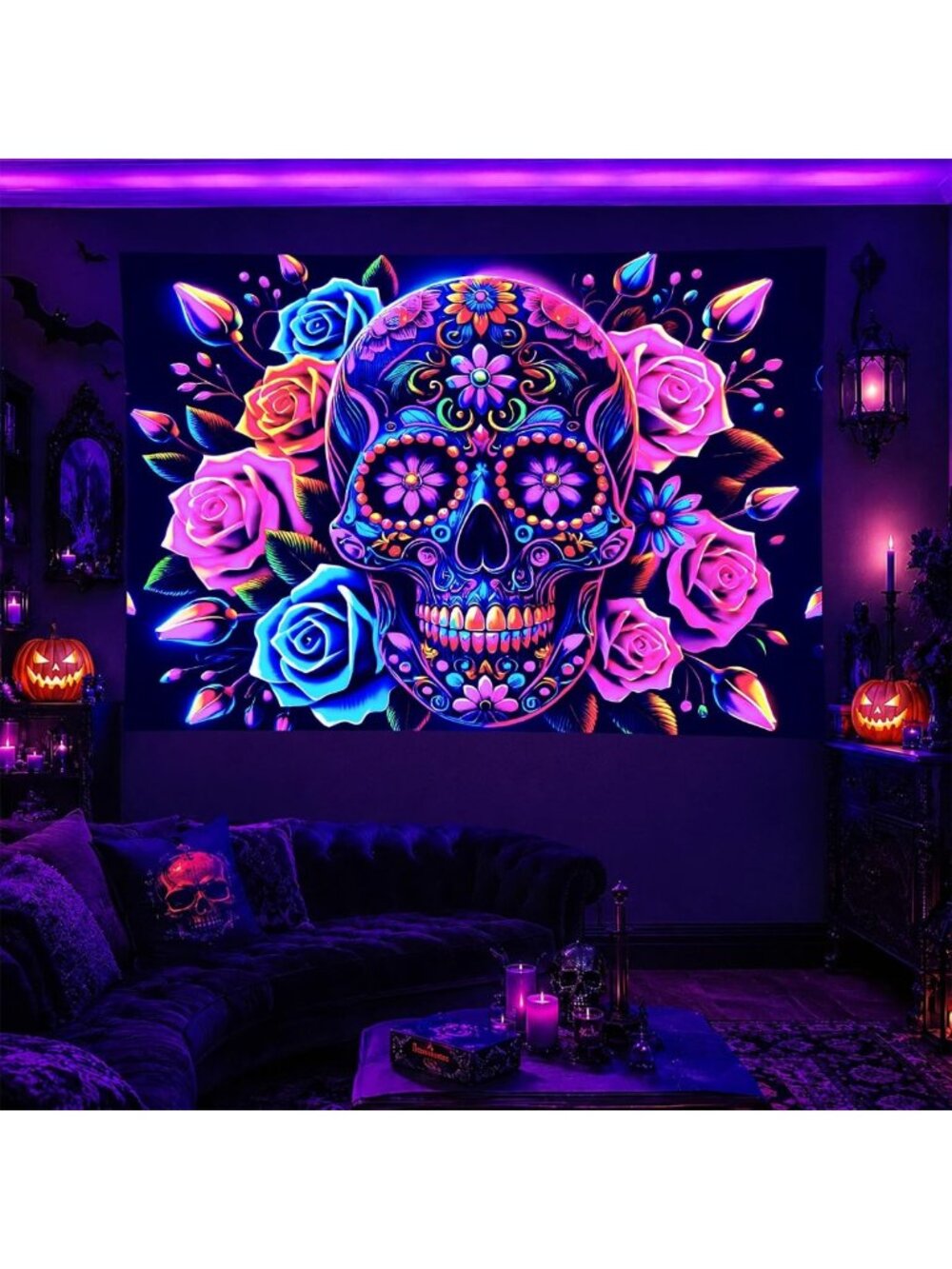Boho Sugar Skull Blacklight Tapestry Wall Hanging 78x59 Inch Home Decor